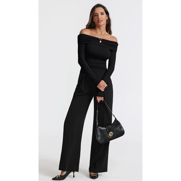 Women's Sexy Off Shoulder Tops Dressy Casual Slim Fit Long Sleeves Medium Black - Picture 3 of 4